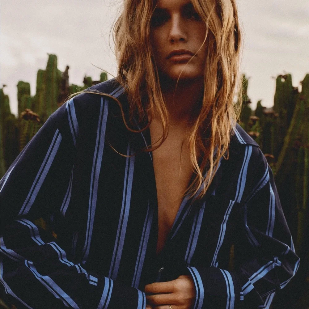 Zara Striped Poplin Jumpsuit Romper 100% Cotton In Blue Size M NWT